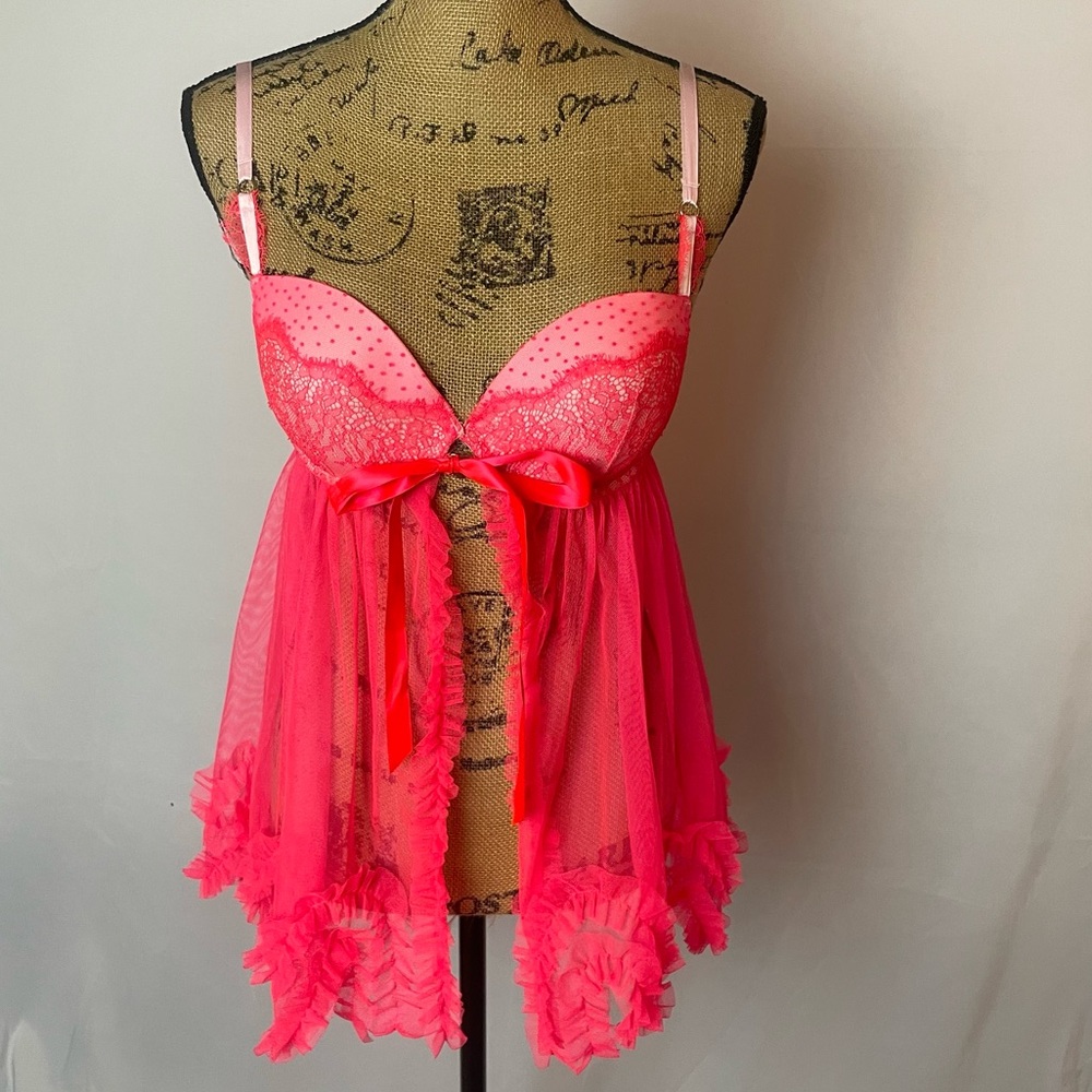 NWT Victoria’s Secret Baby Doll Nightie Womens 36C Pink Sheer Ruffle Open Front